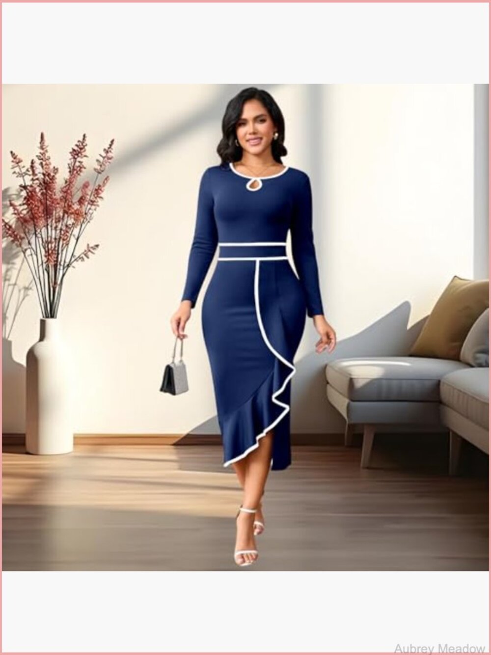 Elegant Vintage Bodycon Midi Dress Long Sleeve Pencil Work Church - Picture 6 of 7